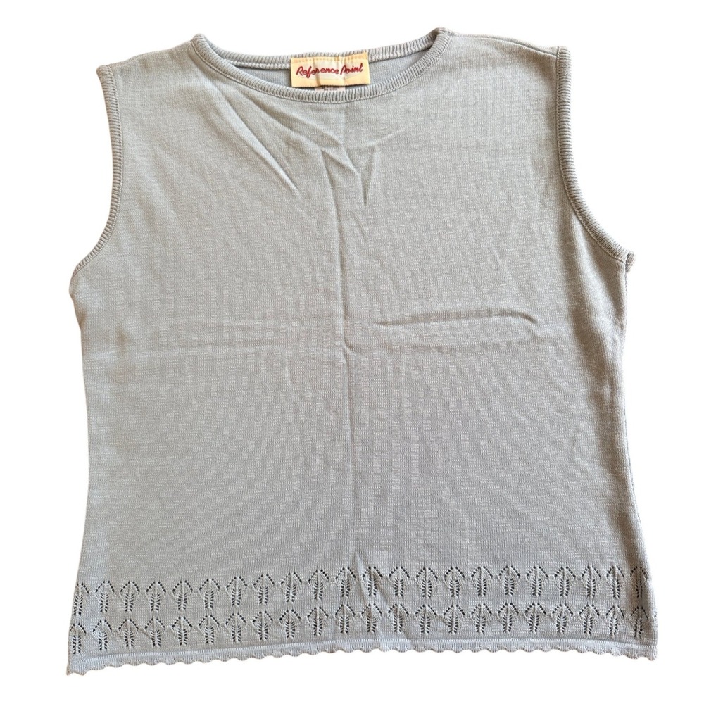 Reference Point Vintage Light Blue Pointelle Scalloped Hem Knit Sweater Tank L